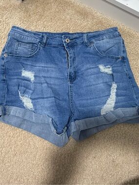 Blue Distressed Roll-Cuff Denim Shorts